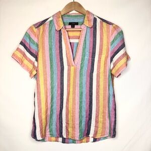 J. Crew 100% Linen Multicolor Striped Popover V-Neck Collared Shirt Size SP
